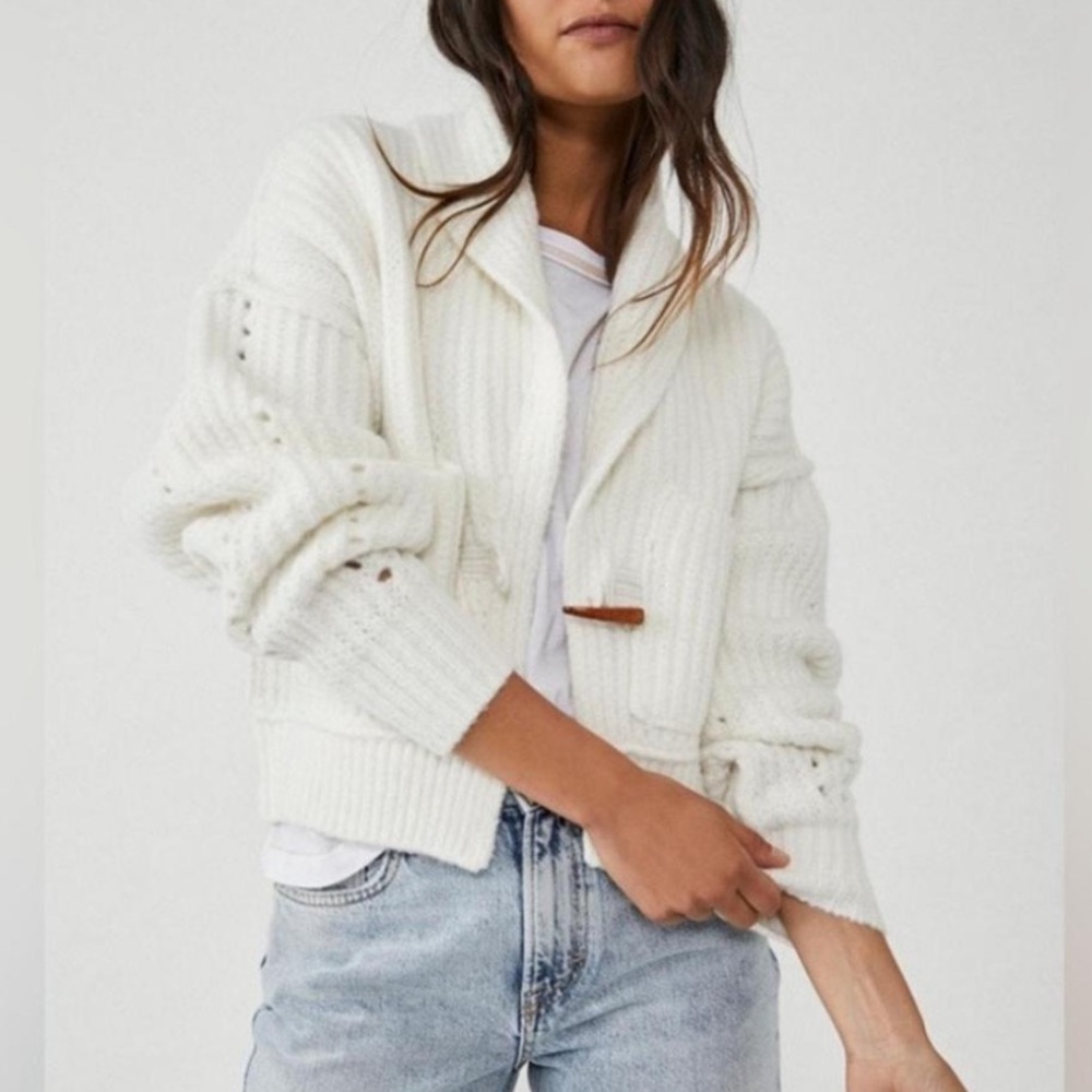 Free People We The Free Jackson Cardigan shawl Collar, White/Gray Flecks Size L